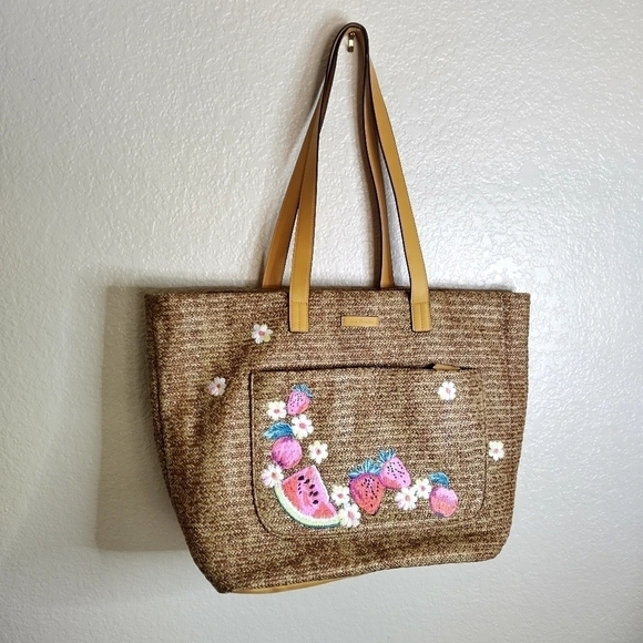 Vera Bradley Dark Brown With Fruit watermelon Front Pocket Straw Tote - Picture 1 of 7